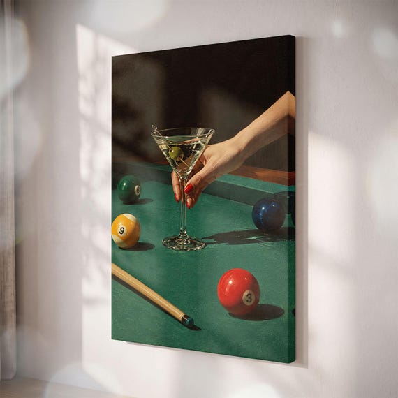 Martini Pool Table Canvas Print, Retro Cocktail Bar Art, Speakeasy Decor