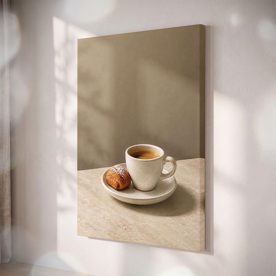 Espresso Coffee Cup Croissant Canvas Print, Minimalist Cafe Wall Art