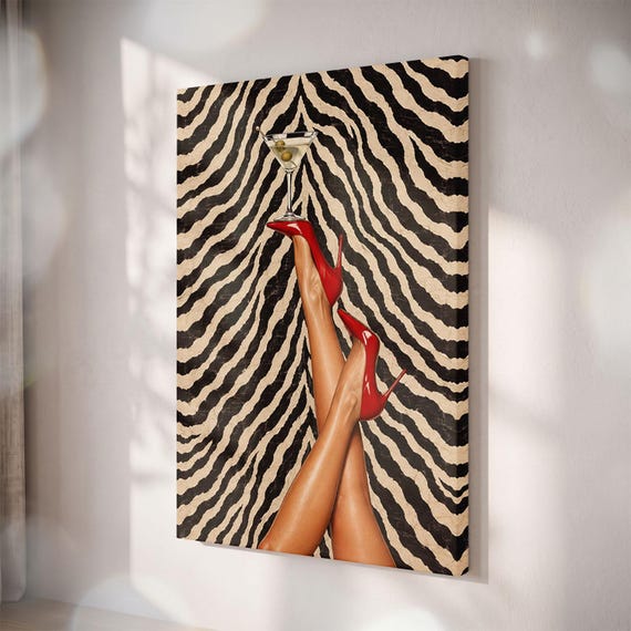 Zebra Print Martini Glass High Heels Canvas Print, Retro Glam Bar Cart Decor
