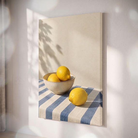 Lemon Still Life Canvas Print, Mediterranean Kitchen Art, Coastal Dining Decor