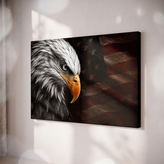 Bald Eagle Patriotic Flag Canvas Print, Rustic USA Wall Art, Man Cave Decor