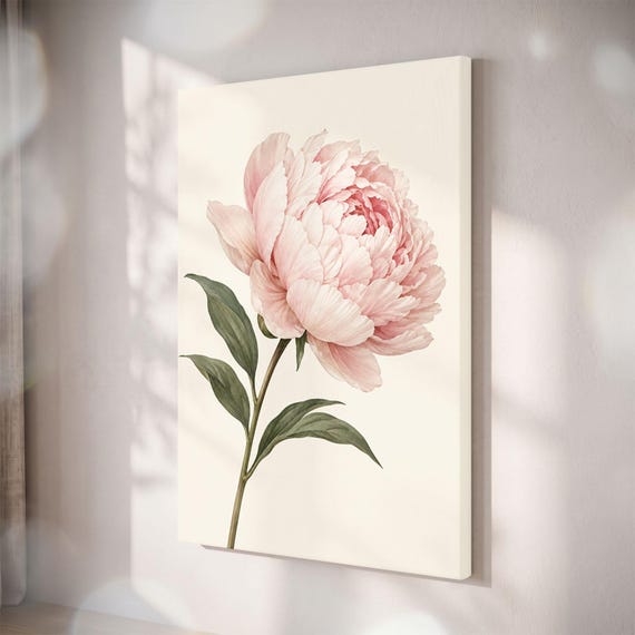 Pink Peony Botanical Canvas Print, Vintage Floral Wall Art, Romantic Bedroom Decor