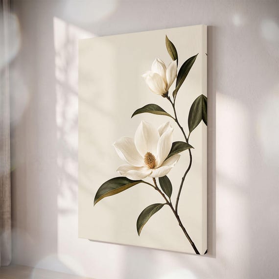 Minimalist Magnolia Flower Canvas Print, Botanical Japandi Wall Art