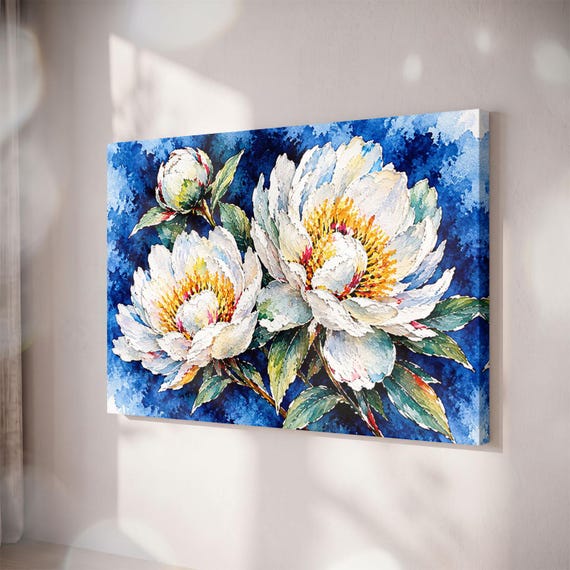 White Peony Canvas Print, Navy Blue Floral Wall Art, Textured Botanical Decor