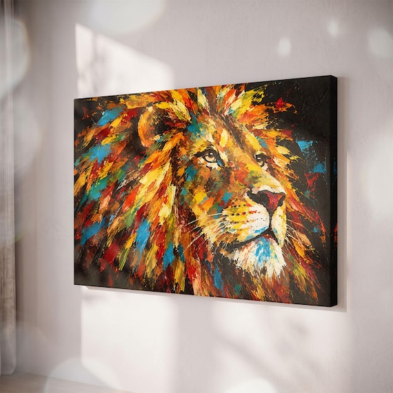 Colorful Lion Canvas Print, Modern Abstract Wildlife Art, Bold Multi-Color Decor