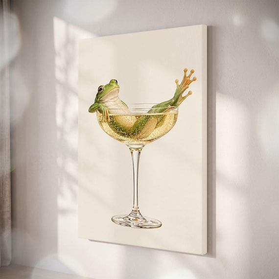 Whimsical Frog in Champagne Glass Canvas Print, Quirky Cocktail Wall Art
