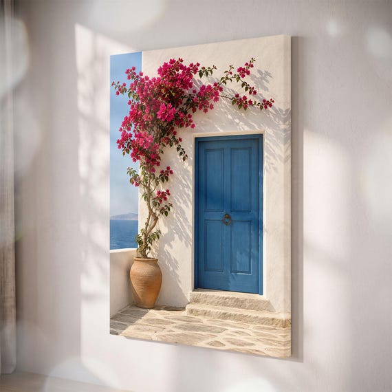Greek Island Blue Door Canvas Print, Mediterranean Bougainvillea Wall Art