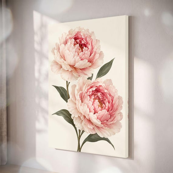Pink Peony Botanical Canvas Print, Vintage Floral Wall Art, Cottagecore Decor
