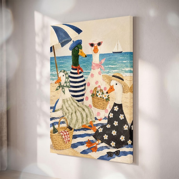 Duck Picnic Beach Canvas Print, Coastal Summer Wall Art