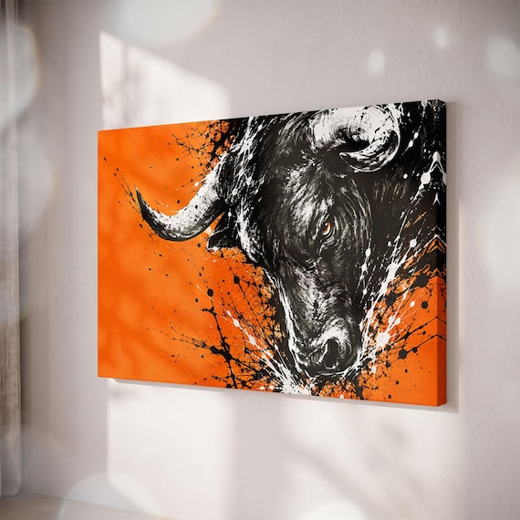 Bold Orange Black Bull Canvas Print, Modern Wildlife Wall Art, Masculine Office Decor