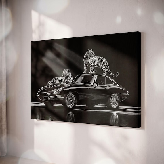 Vintage Car With Leopards Canvas Print, Black And White Wall Art (11" x 14")