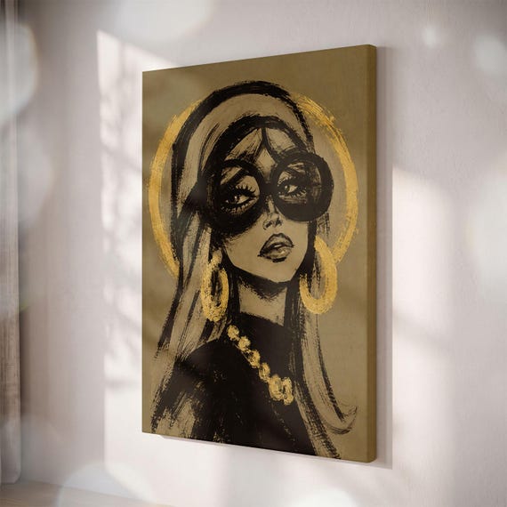 Retro Fashion Woman Wall Art Canvas Print Moody Gold Halo Sunglasses Edgy Glam Bedroom Decor