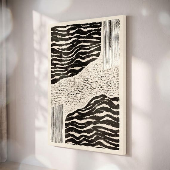 Black Cream Abstract Canvas Print, Modern Japandi Line Art, Textured Minimalist Wall Decor