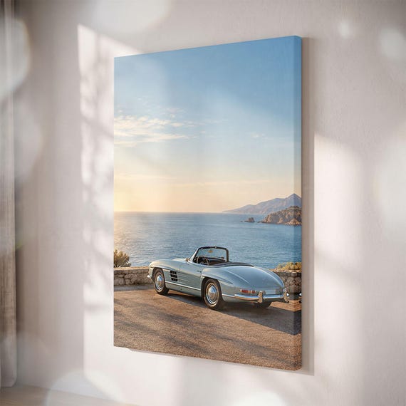 Vintage Sports Car Sunset Ocean View Canvas Print, Retro Roadster Coastal Art