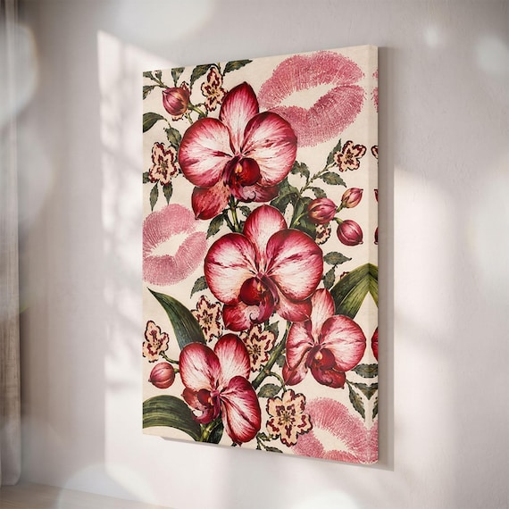 Vintage Red Orchid Canvas Print, Pink Kiss Mark Floral Wall Art, Romantic Botanical Decor