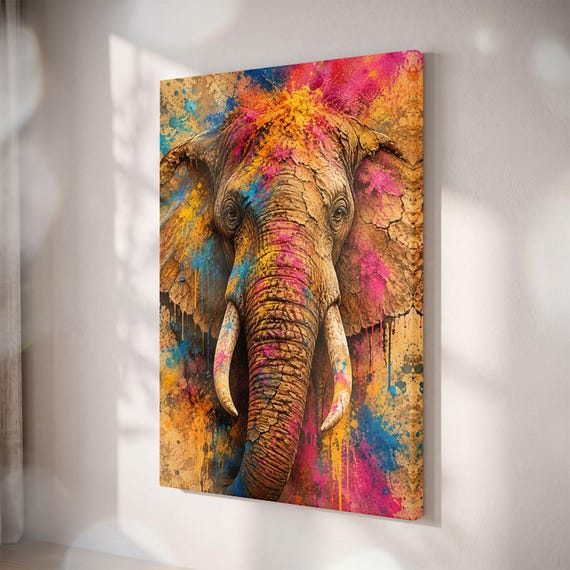 Colorful Splatter Elephant Canvas Print, Vibrant Holi Art, Modern Safari Decor