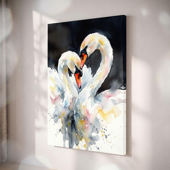 Romantic Watercolor Swan Couple Canvas Print, Modern Love Birds Wall Art