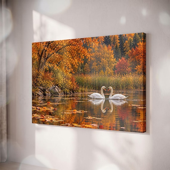 Autumn Swans Lake Canvas Print, Romantic Nature Water Scene, Golden Leaves Forest Pond Art