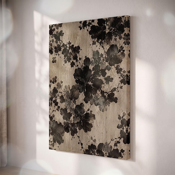 Dark Moody Floral Canvas Print, Black Botanical Art, Wabi Sabi Decor