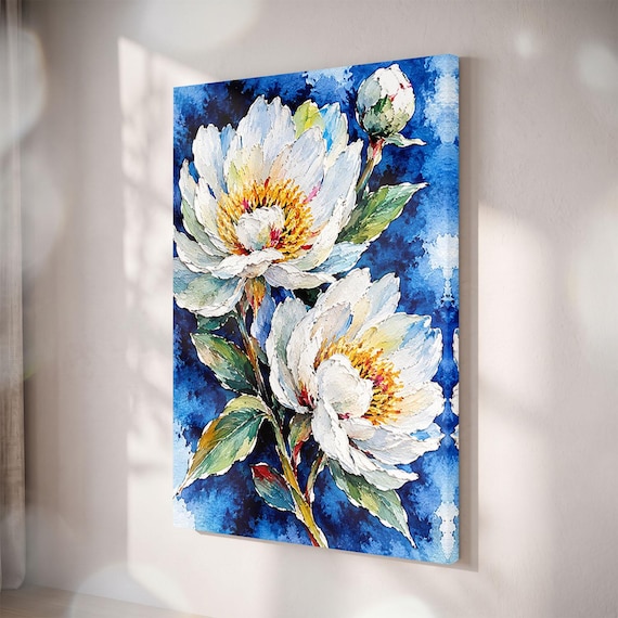 White Peony Canvas Print, Blue Floral Wall Art, Textured Botanical Decor