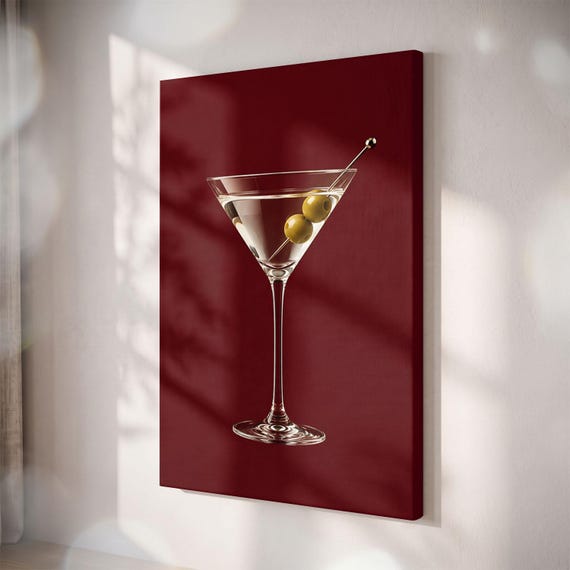 Martini Cocktail Canvas Print, Modern Bar Cart Wall Art, Dark Red Burgundy Decor, Moody Kitchen Lounge Art