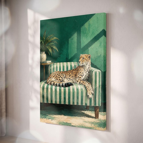 Cheetah on Couch Canvas Print, Maximalist Green Jungle Art, Safari Decor