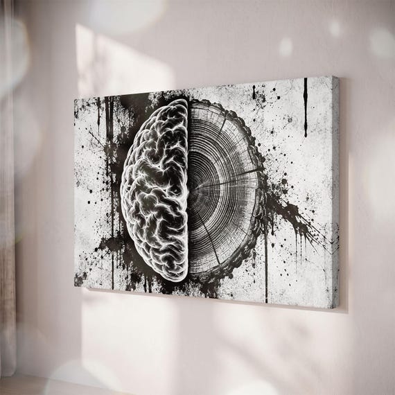 Brain Tree Ring Canvas Print, Black and White Neurology Art, Modern Medical Decor