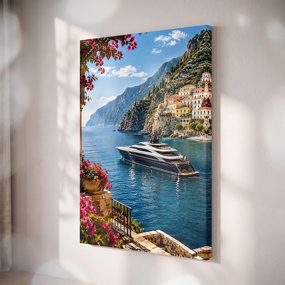 Amalfi Coast Yacht Canvas Print, Positano Italian Riviera Boat Art