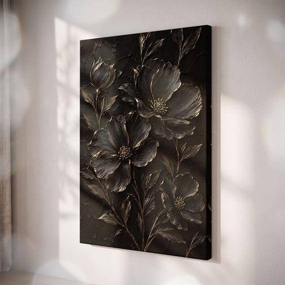Black Gold Floral Canvas Print, Textured Botanical Wall Art, Moody Bedroom Decor