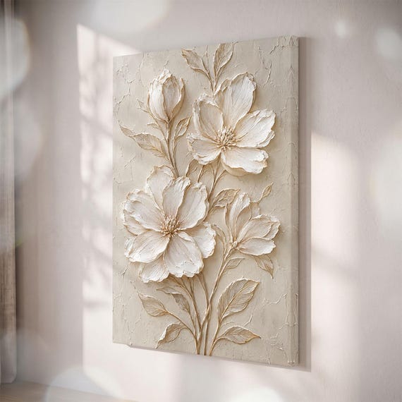 Textured Floral Canvas Print, Cream Magnolia Botanical Wall Art