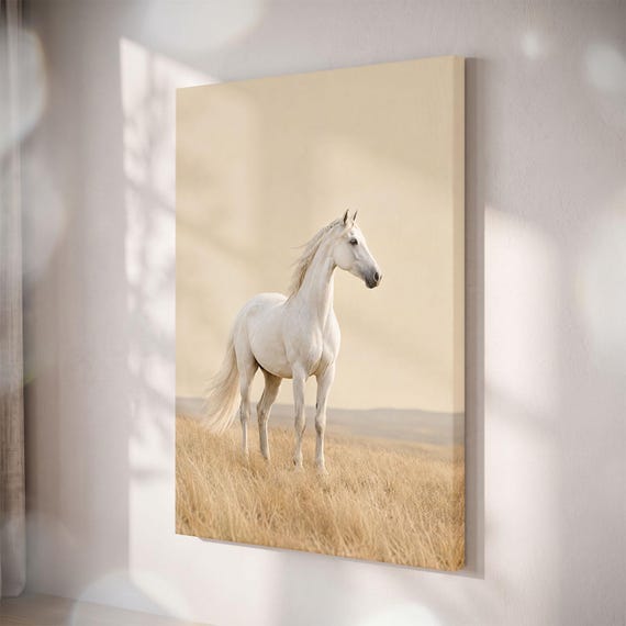 White Horse Canvas Print, Majestic Stallion, Neutral Beige Equestrian Art
