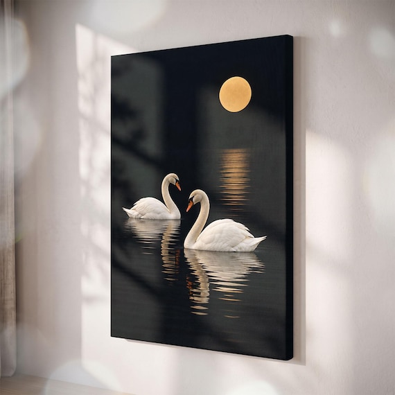 Two Swans Full Moon Night Canvas Print, Moody Lake Art, Romantic Nature Decor