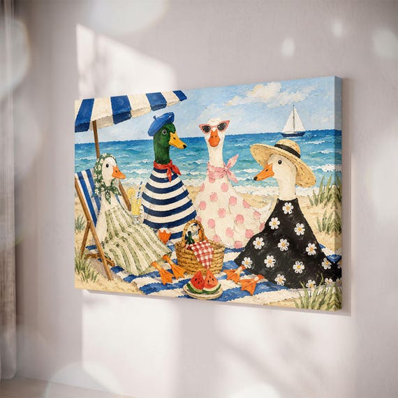 Funny Duck Beach Picnic Canvas Print, Quirky Goose Coastal Art