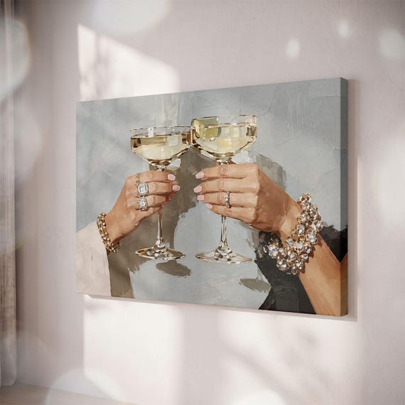 Champagne Toast Canvas Print, Glam Cocktail Bar Art, Chic Dining Room Decor