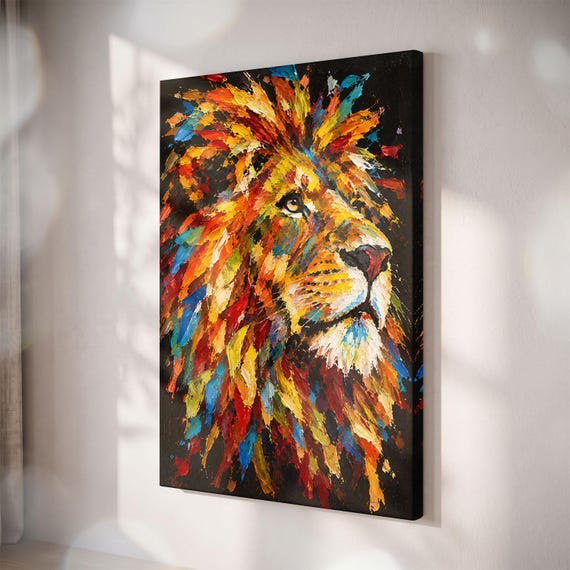 Colorful Lion Head Canvas Print, Abstract Wildlife Wall Art, Modern Living Room Decor