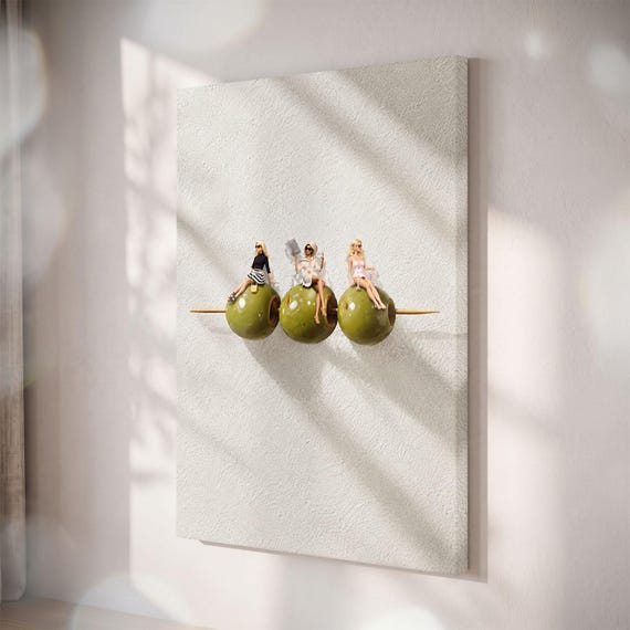 Martini Olive Canvas Print, Retro Bar Cart Wall Art, Quirky Cocktail Decor