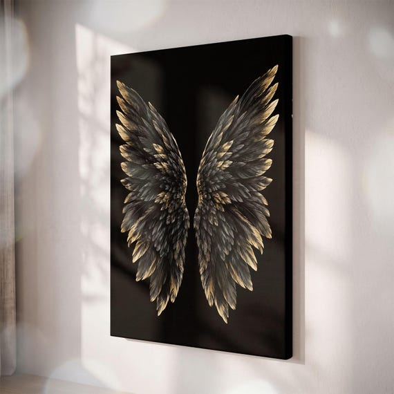 Black Gold Angel Wings Canvas Print, Gothic Feather Art, Moody Bedroom Decor