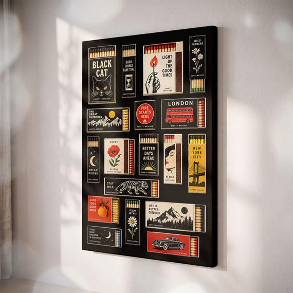 Vintage Matchbox Art Canvas Print, Retro Wall Decor, Eclectic Graphic Poster (11"x14")