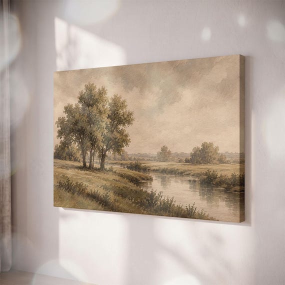 Vintage River Landscape Canvas Print, Rustic Watercolor Meadow Art