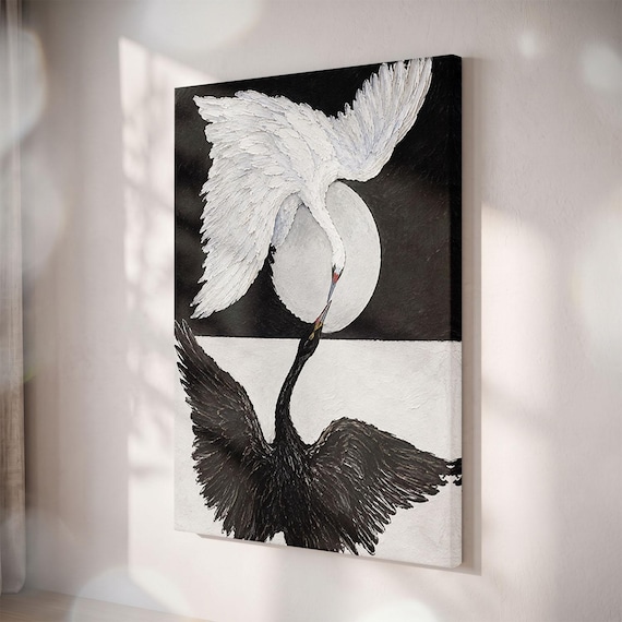 Black White Crane Canvas Print, Yin Yang Bird Art, Textured Zen Wall Decor