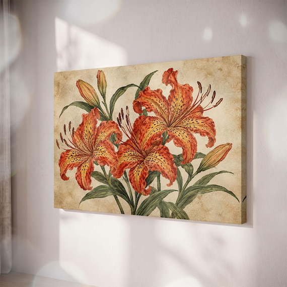 Vintage Tiger Lily Canvas Print, Orange Floral Illustration, Cottagecore Wall Art