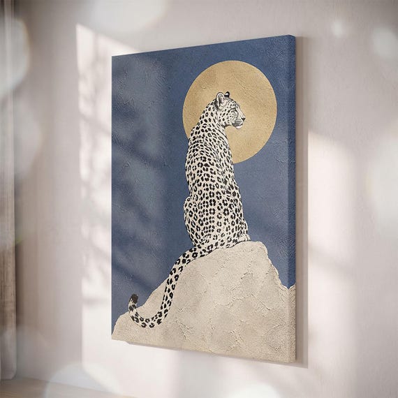 Leopard Moon Canvas Wall Art, Navy Blue Gold Celestial Decor, Minimalist Safari Print