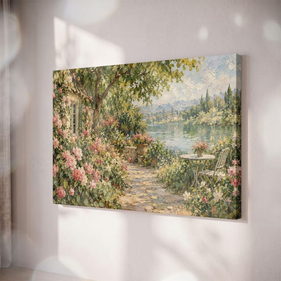 Italian Lake Garden Canvas Print, French Country Cottage, Rose Garden View