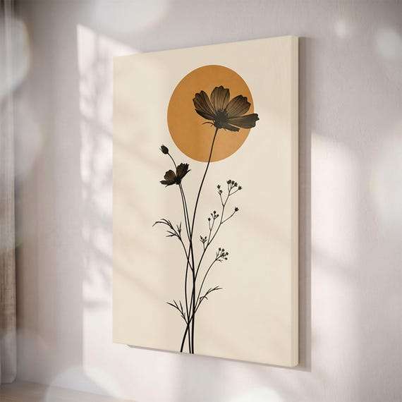 Minimalist Flower Canvas Print, Boho Sun Botanical Art, Earthy Japandi Decor