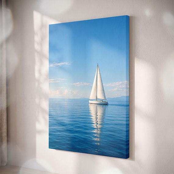 Sailboat Canvas Print, Coastal Seascape Wall Art, Minimalist Beach Decor