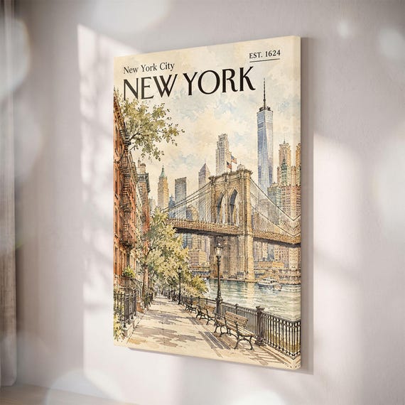Vintage Watercolor NYC Skyline Canvas Print, Brooklyn Bridge Wall Art