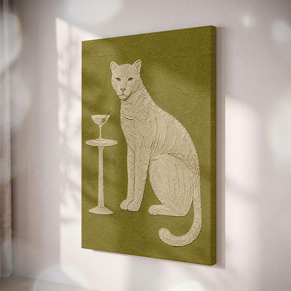 Textured Panther Martini Canvas Print, Olive Green Cocktail Art, Mid-Century Retro Wall Decor