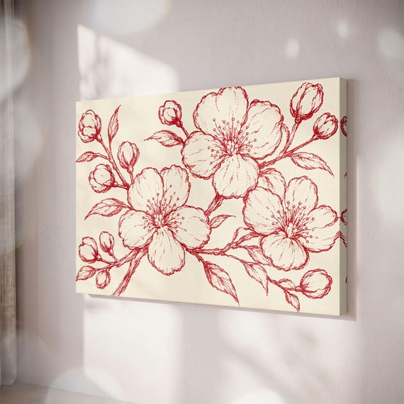 Red Cherry Blossom Canvas Print, Japanese Sakura Sketch, Minimalist Botanical Art