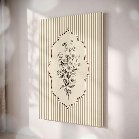 Vintage Botanical Canvas Print, French Country Striped Flower Art
