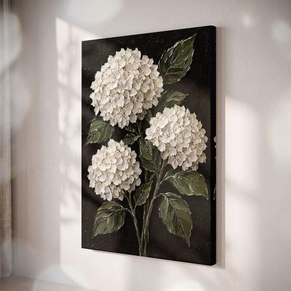 Textured White Hydrangea Canvas Print, Moody Botanical Wall Art, Modern Floral Decor